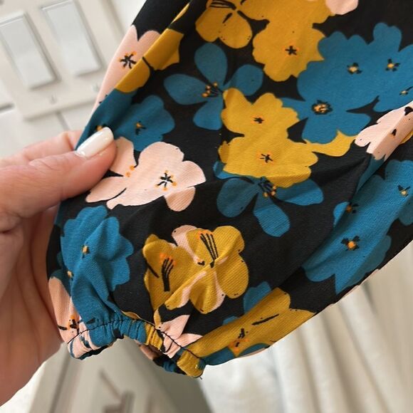 CAbi Teal and Mustard Flower Drop Favorite Bishop Sleeve Blouse NWOT sz Large - Picture 8 of 10